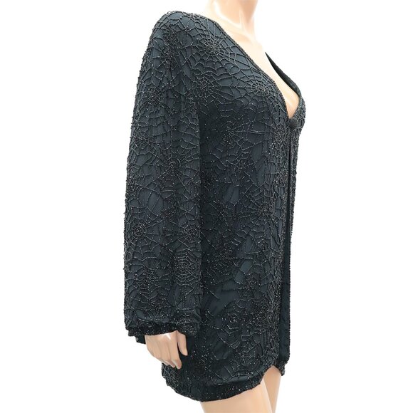 OLEG CASSINI Evening Black Tie Spider Web Design Cardigan Top M - Picture 2 of 5
